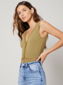 SHEIN Body con encaje de canalé de viscosa - Verde Oliva - Ver 7