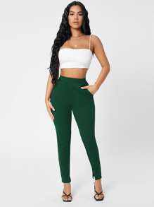 SHEIN PETITE Slant Pocket Skinny Pants - Dark Green - View 1