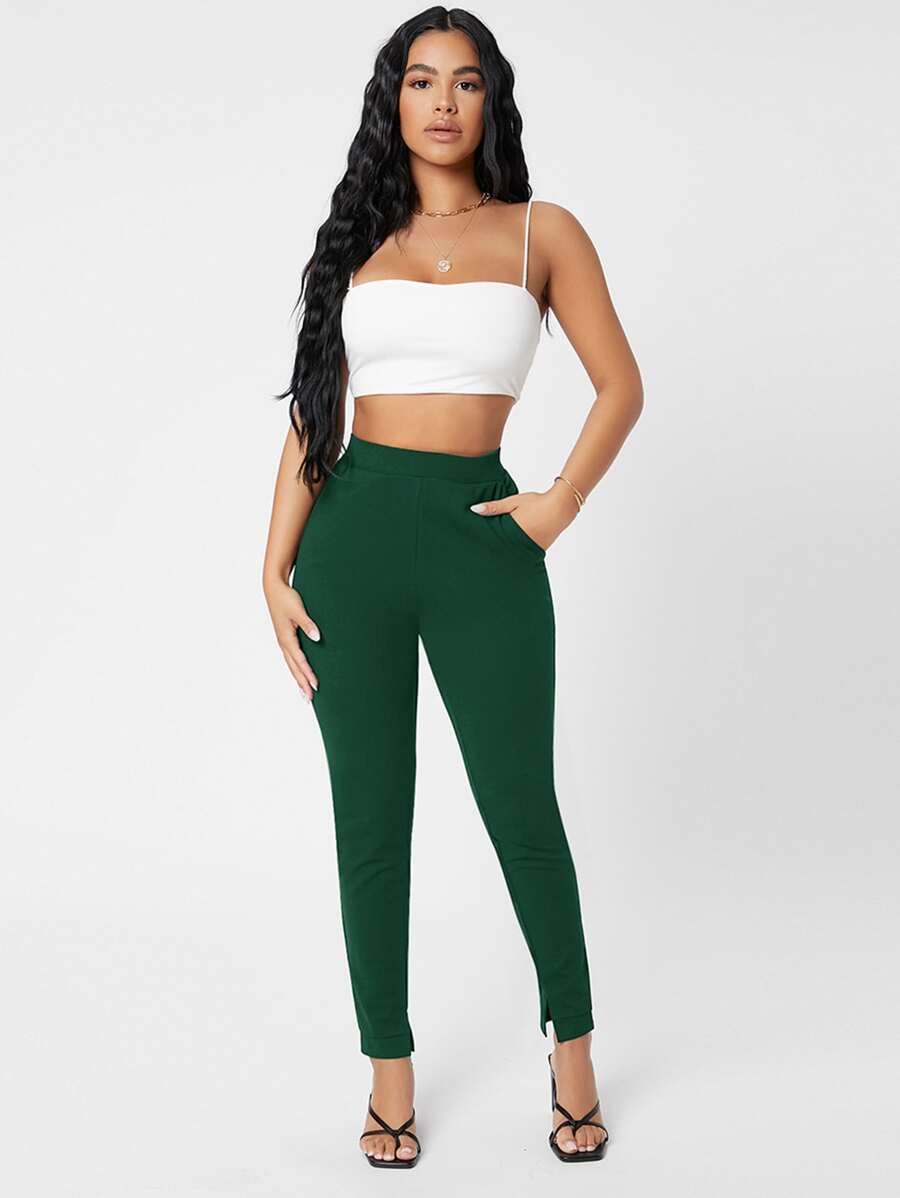 SHEIN PETITE Slant Pocket Skinny Pants - Dark Green - View 1