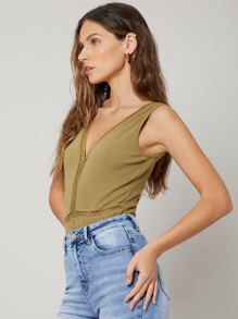 SHEIN Body con encaje de canalé de viscosa - Verde Oliva - Ver 8