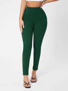SHEIN PETITE Slant Pocket Skinny Pants - Dark Green - View 3