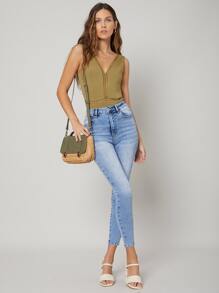 SHEIN Body con encaje de canalé de viscosa - Verde Oliva - Ver 9