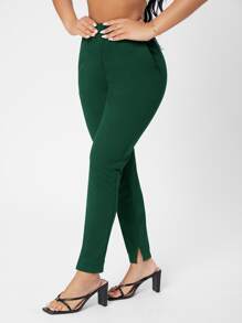 SHEIN PETITE Slant Pocket Skinny Pants - Dark Green - View 5