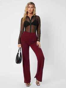 SHEIN Tall Zipper Back Solid Palazzo Pants - Burgundy - View 3