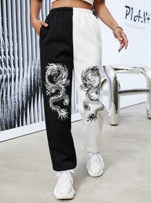 SHEIN Unity Chinese Dragon Print Two Tone Slant Pocket Joggers - Black and White - View 3