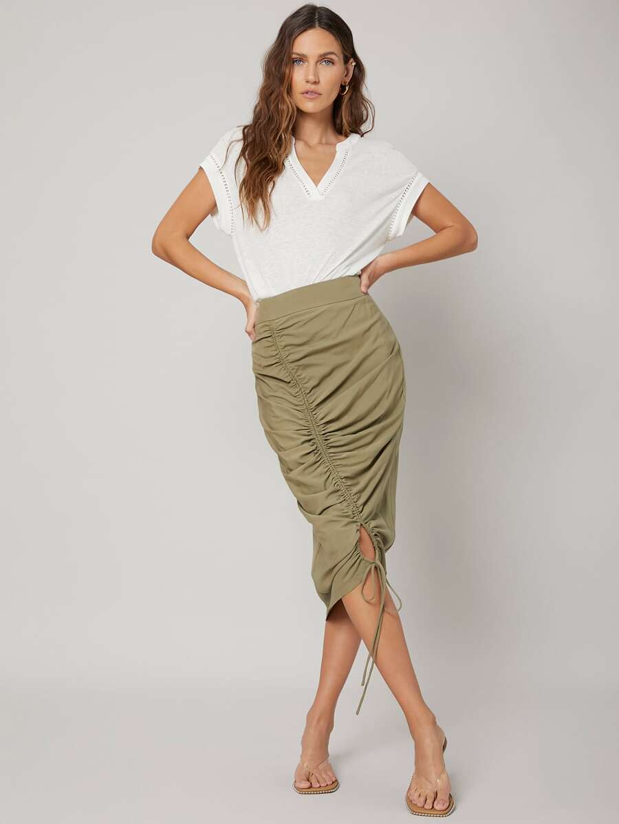MOTF PREMIUM LINEN GATHERED STRAIGHT SKIRT - Army Green - View 1