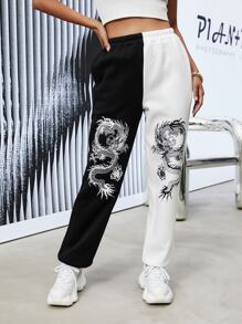 SHEIN Unity Chinese Dragon Print Two Tone Slant Pocket Joggers - Black and White - View 5