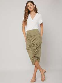 MOTF PREMIUM LINEN GATHERED STRAIGHT SKIRT - Army Green - View 3