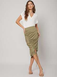 MOTF PREMIUM LINEN GATHERED STRAIGHT SKIRT - Army Green - View 4