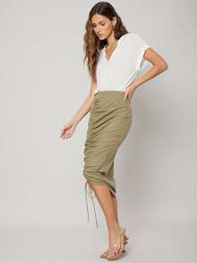 MOTF PREMIUM LINEN GATHERED STRAIGHT SKIRT - Army Green - View 5