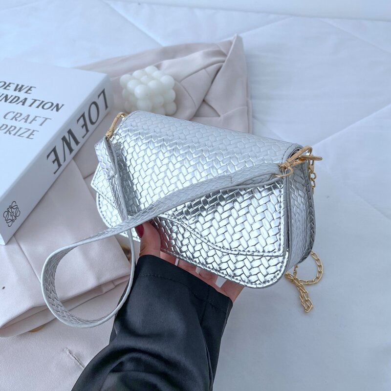 

Woven Pattern Flap Shoulder Bag, Silver