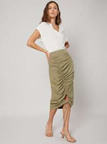 MOTF PREMIUM LINEN GATHERED STRAIGHT SKIRT - Army Green - View 6