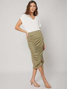 MOTF PREMIUM LINEN GATHERED STRAIGHT SKIRT - Army Green - View 7