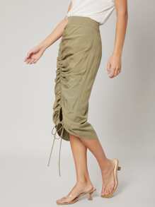 MOTF PREMIUM LINEN GATHERED STRAIGHT SKIRT - Army Green - View 8