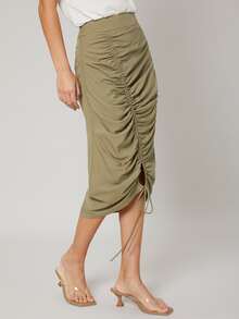 MOTF PREMIUM LINEN GATHERED STRAIGHT SKIRT - Army Green - View 9