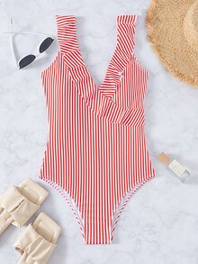 Striped Ruffle Trim One Piece Swimsuit, For Summer Beach Vacation - Red and White - View 1