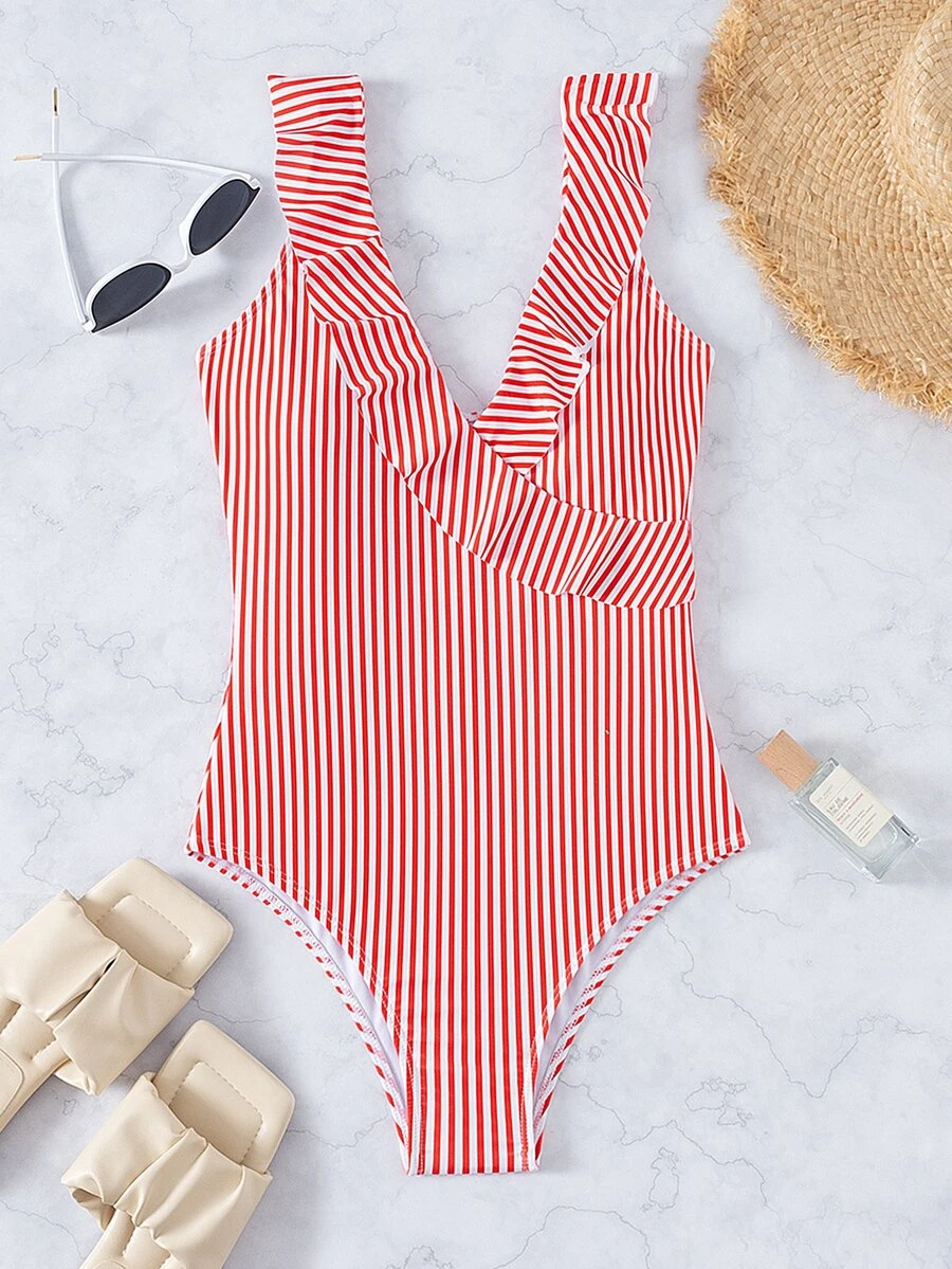 Striped Ruffle Trim One Piece Swimsuit, For Summer Beach Vacation - Red and White - View 1