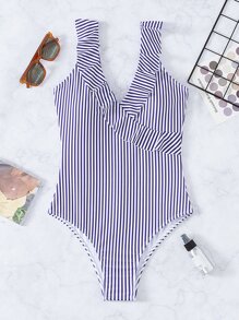 Striped Ruffle Trim One Piece Swimsuit, For Summer Beach Vacation - Multicolor - View 1