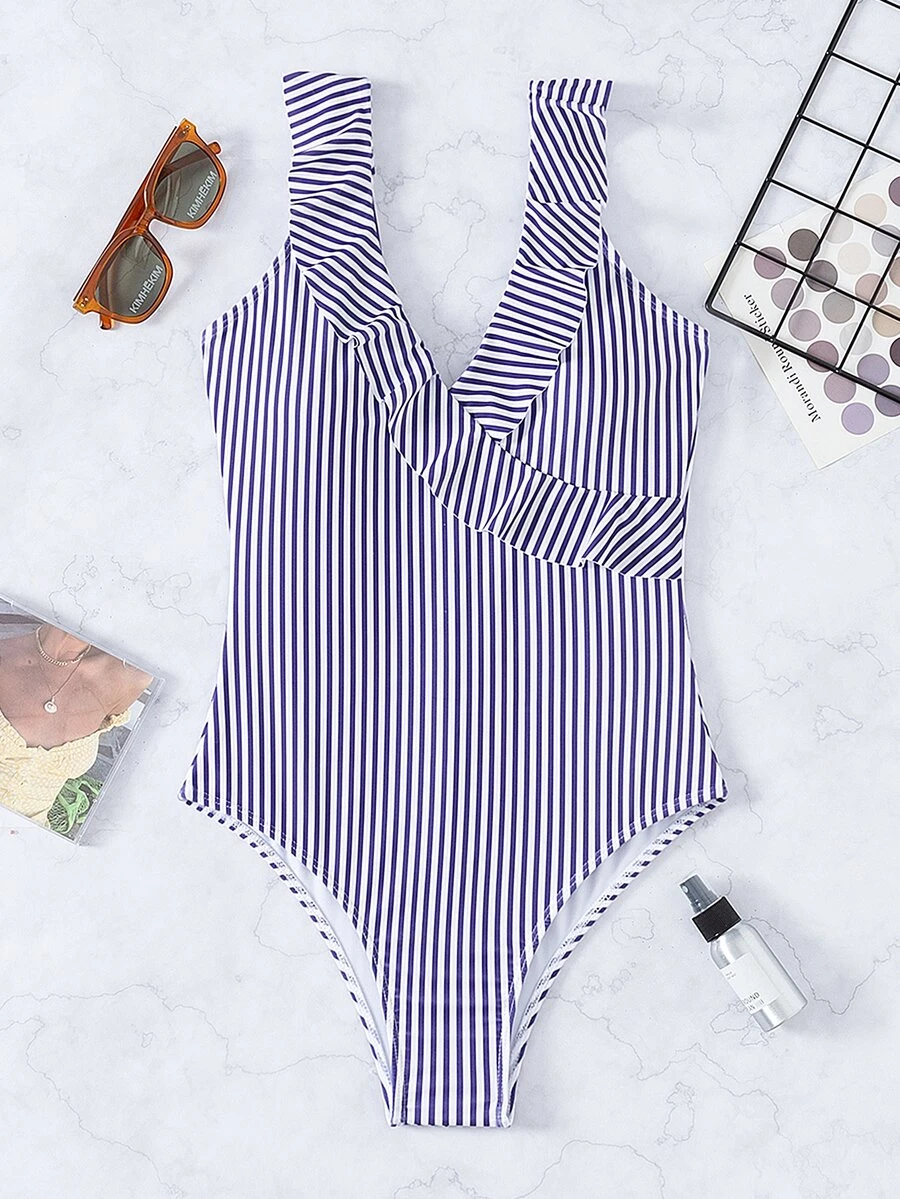 Striped Ruffle Trim One Piece Swimsuit, For Summer Beach Vacation - Multicolor - View 1