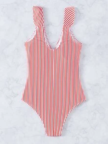 Striped Ruffle Trim One Piece Swimsuit, For Summer Beach Vacation - Red and White - View 2