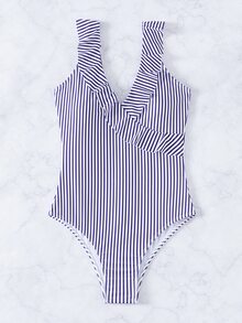 Striped Ruffle Trim One Piece Swimsuit, For Summer Beach Vacation - Multicolor - View 3