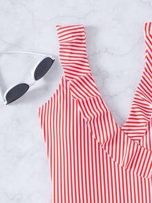 Striped Ruffle Trim One Piece Swimsuit, For Summer Beach Vacation - Red and White - View 3