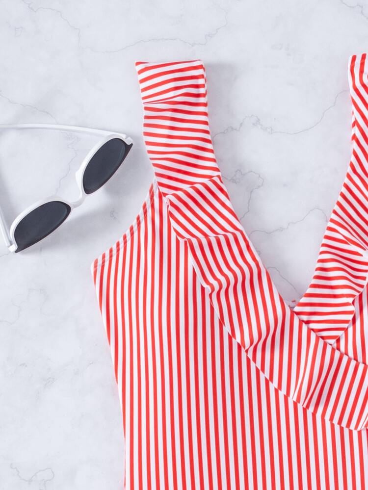 Striped Ruffle Trim One Piece Swimsuit, For Summer Beach Vacation - Red and White - View 3