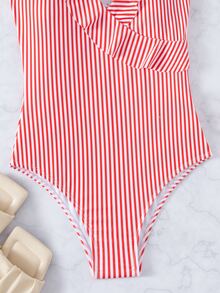 Striped Ruffle Trim One Piece Swimsuit, For Summer Beach Vacation - Red and White - View 4