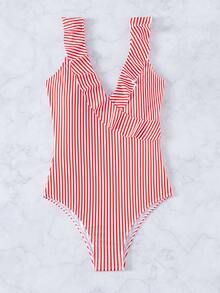 Striped Ruffle Trim One Piece Swimsuit, For Summer Beach Vacation - Red and White - View 5