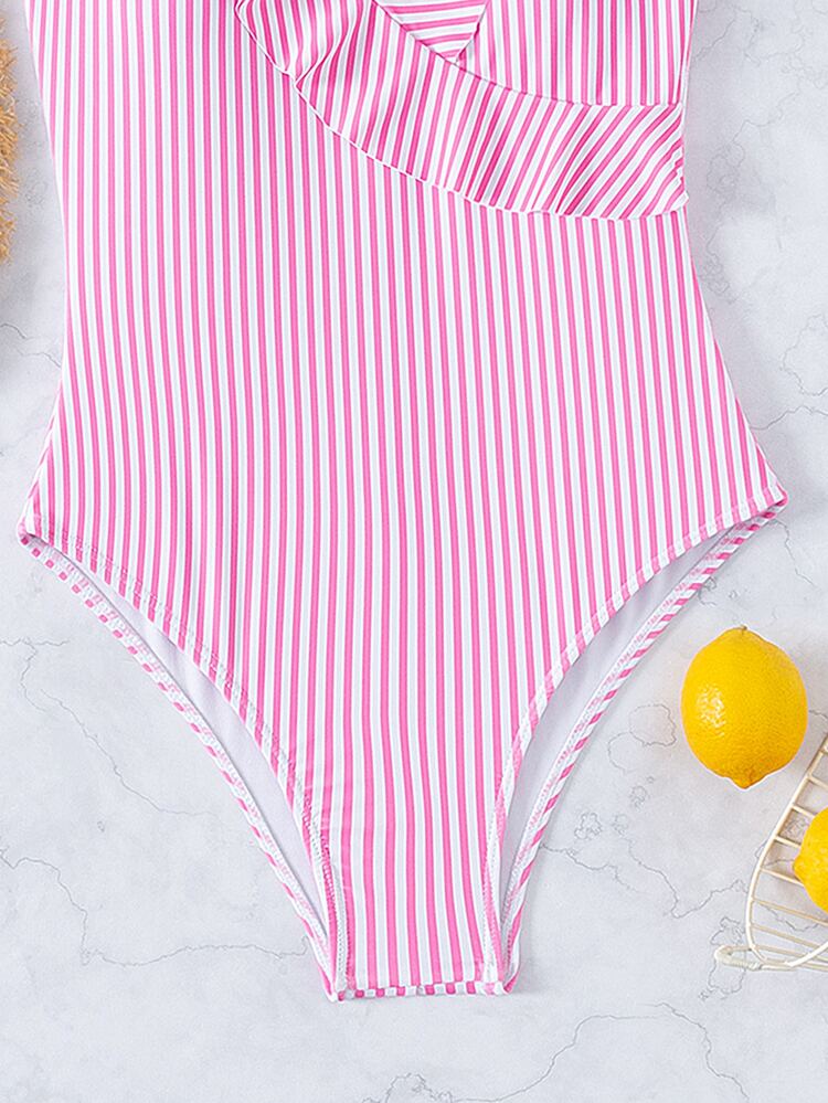 Striped Ruffle Trim One-Piece Swimsuit, For Summer Beach Vacation - Pink - View 5