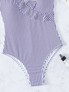 Striped Ruffle Trim One Piece Swimsuit, For Summer Beach Vacation - Multicolor - View 5