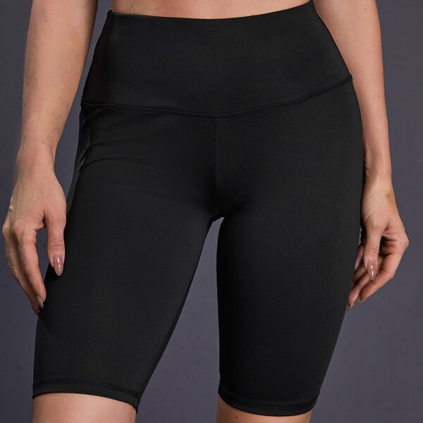 

Wide Waistband Solid Sports Shorts, Black