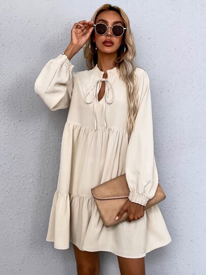 SHEIN LUNE Tie Neck Lantern Sleeve Smock Dress,Women's Elegant Boho White Autumn Vacation Shirred Long Sleeve Ruffle Hem Beige Bishop Sleeve A Line Short Dress