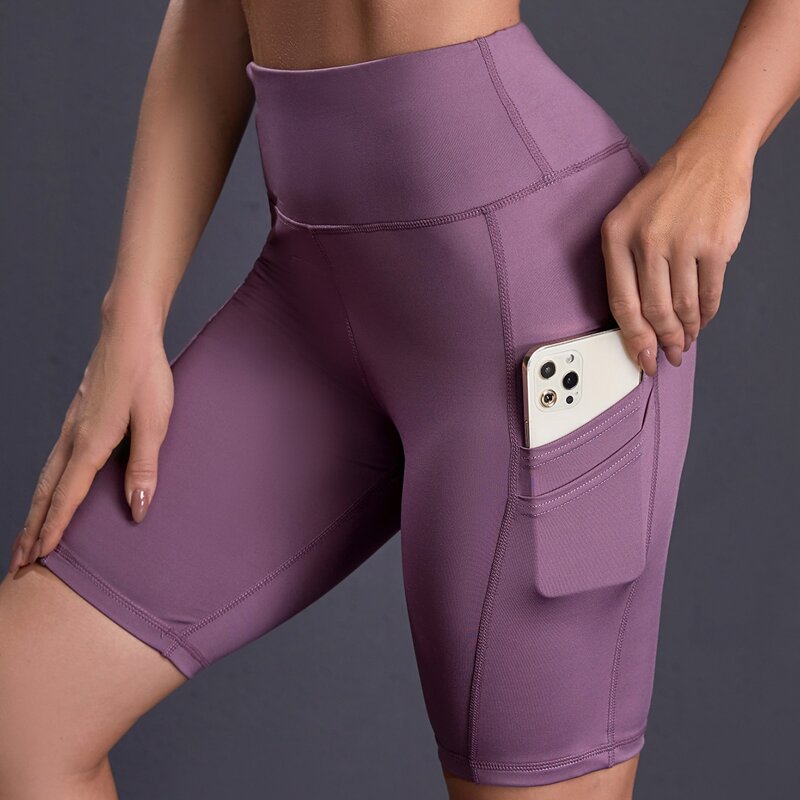 

Solid Sports Biker Shorts With Phone Pocket, Mauve purple