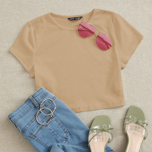 

Solid Rib-knit Crop Tee, Khaki