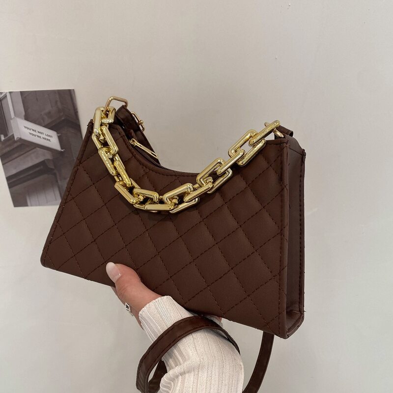 

Chain Decor Quilted Crossbody Bag, Brown