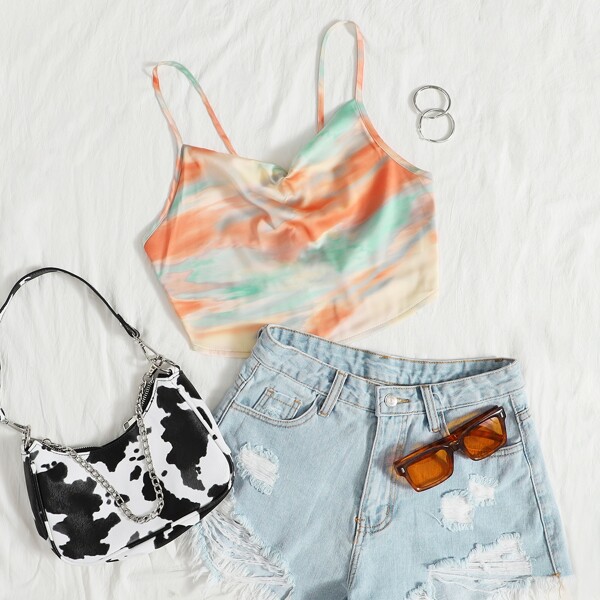 

Lace Up Back Tie Dye Crop Cami Top, Multicolor