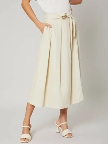 SHEIN Linen Wide Leg Belted Pants - Beige - View 1