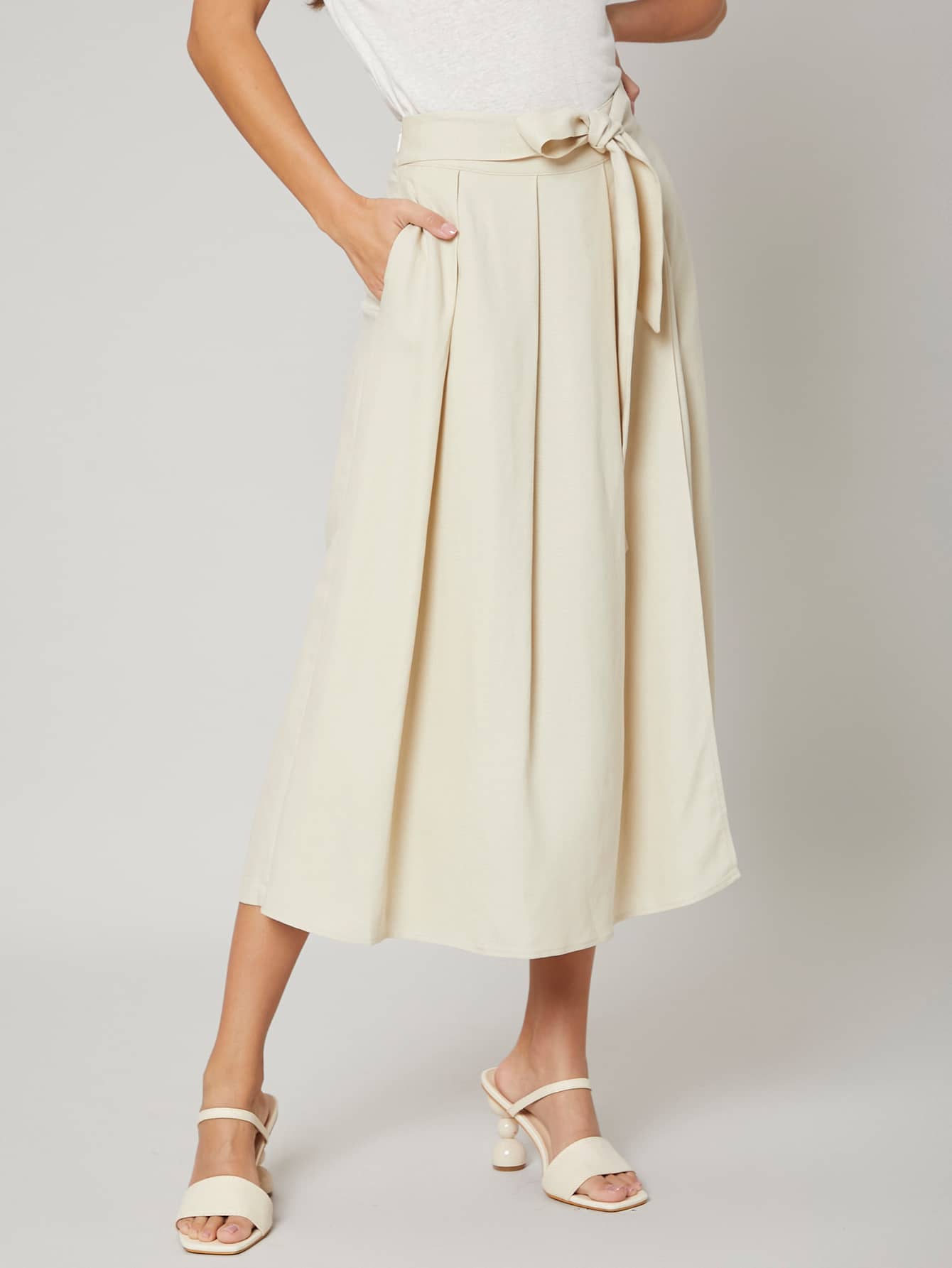 SHEIN Linen Wide Leg Belted Pants - Beige - View 1