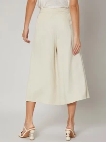 SHEIN Linen Wide Leg Belted Pants - Beige - View 2