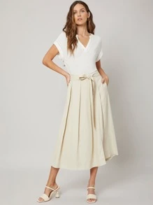 SHEIN Linen Wide Leg Belted Pants - Beige - View 3