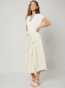 SHEIN Linen Wide Leg Belted Pants - Beige - View 4