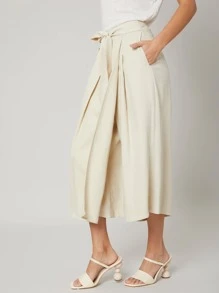 SHEIN Linen Wide Leg Belted Pants - Beige - View 7