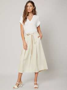 SHEIN Linen Wide Leg Belted Pants - Beige - View 8