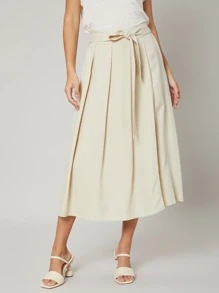 SHEIN Linen Wide Leg Belted Pants - Beige - View 10