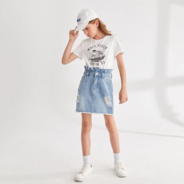 

Girls Ripped Frayed Raw Hem Paper Bag Waist Denim Skirt, Light wash