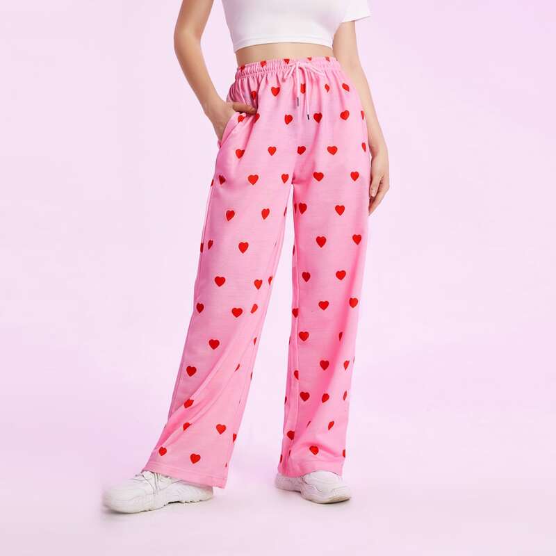 

Heart Print Drawstring Sweatpants, Pink