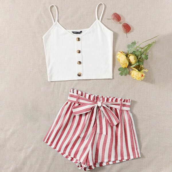 

Button Front Rib-knit Cami Top & Paperbag Waist Belted Shorts Set, Red and white