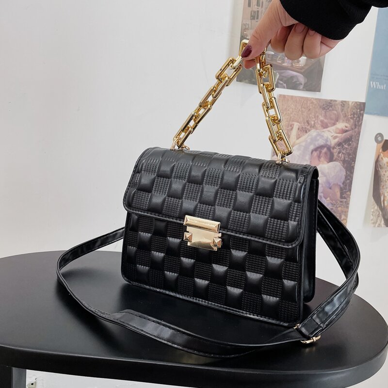 

Chain Decor Quilted Square Bag, Black