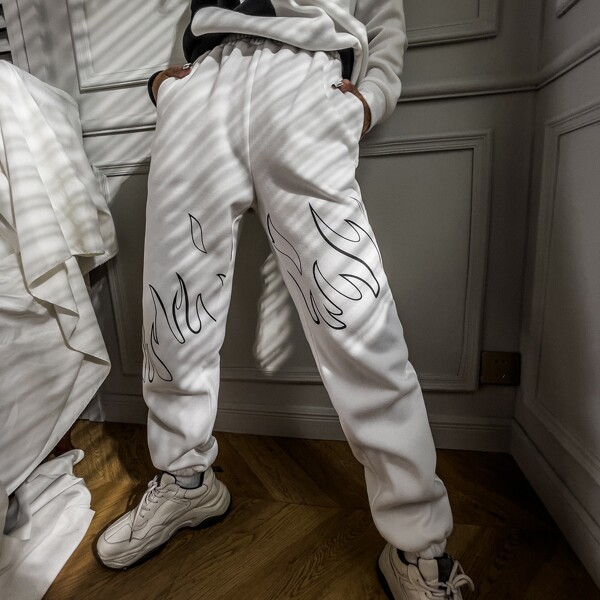 

Fire Print Slant Pocket Sweatpants, White